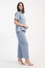 Mısırlı Kadın Pamuklu Dokuma Kısa Kollu Gömlek Takım Açık Mavi