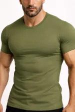 Mısırlı ORGANIC Pamuklu HERCULES Slim Fit Bisiklet Yaka Fanila / T-Shirt Haki