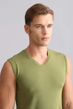 Mısırlı ORGANIC Pamuklu HERCULES Slim Fit V Yaka Sporcu Atlet / T-Shirt Haki