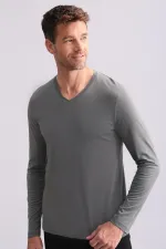 Ensemble pyjama homme égyptien en modal et coton mélangés, manches longues, col en V, gris chiné