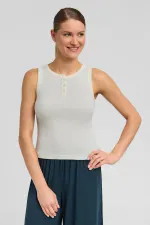 Débardeur en coton égyptien pour femme, à patte de boutonnage sur le devant, écru