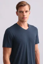 T-shirt égyptien pour homme, col en V, modal, bleu marine