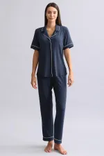 Chemise égyptienne à manches courtes en modal, bleu marine