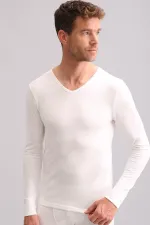 Sous-vêtement thermique à manches longues et col en V en bambou égyptien, écru