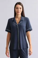 Chemise égyptienne à manches courtes en modal, bleu marine
