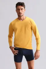 Débardeur/T-shirt à manches longues et col en V, coupe ajustée, en modal égyptien TENCEL HERCULES, couleur moutarde