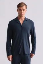 Chemise égyptienne à manches longues en modal, bleu marine