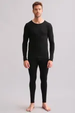 Sous-vêtement/sweat-shirt thermique noir en bambou égyptien à col rond et manches longues