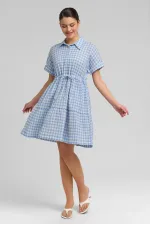 Kadın Pamuk Ekoseli Düğmeli Elbise Açık Mavi