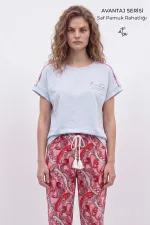 Mısırlı Kadın Pamuk Kısa Kol Pijama Takım Beyaz/Şal Desen