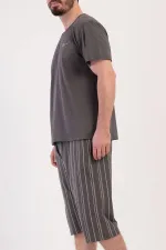 Mısırlı Erkek Pamuklu Çizgili Kısa Kollu Kapri Takım Füme