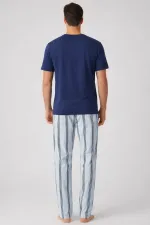 Mısırlı Erkek Pamuklu Bisiklet Yaka Çizgili Pijama Takım Lacivert/Mavi