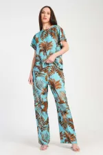 Mısırlı Kadın Viskon Desenli Pantolon Takımı Turkuaz