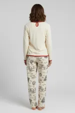 Mısırlı Kar Geyik Temalı Kadın Pijama Takımı Ekru