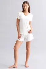 Mısırlı Kadın Saten T-Shirt Şort Takım Ekru