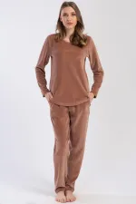 Mısırlı Kadın Kadife Uzun Kollu Pijama Takımı Kahverengi