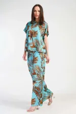 Mısırlı Kadın Viskon Desenli Pantolon Takımı Turkuaz