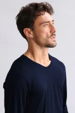 Mısırlı Modal By TENCEL HERCULES Slim Fit V-Neck Long-Sleeve Undershirt/T-Shirt Navy Blue