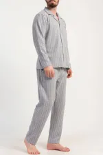 Ensemble pyjama pour homme, chemise à manches longues rayée en maille interlock égyptienne, gris clair