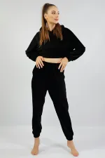 Mısırlı Kadın Kadife Uzun Kollu Pijama Takımı Siyah