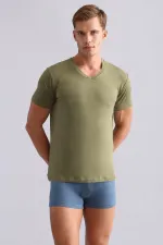 Mısırlı ORGANIC Pamuklu ZEUS LUXURY Regular Fit V Yaka Fanila / T-Shirt Haki Zeytin