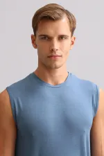 Débardeur/T-shirt de sport bleu marine à col rond, coupe classique, en bambou égyptien Zeus Luxury