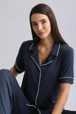 Chemise égyptienne à manches courtes en modal, bleu marine