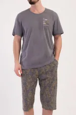 Ensemble capri à manches courtes en coton à motifs pour homme, couleur gris foncé/moutarde, de style égyptien.