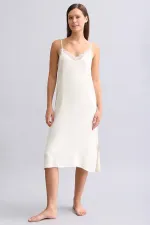 Kadın Dantel Detaylı Saten Gecelik Ekru