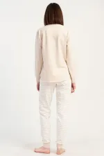 Mısırlı Kadın İki İplik Sıfır Yaka Uzun Kollu Pijama Takımı Bej