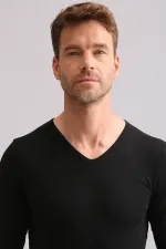 Sous-vêtement thermique en bambou égyptien à col en V et manches longues, noir