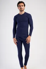 Ensemble de sous-vêtements pour homme, col rond et manches longues, bleu marine
