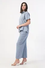 Mısırlı Kadın Pamuklu Dokuma Kısa Kollu Gömlek Takım Açık Mavi