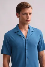 Chemise égyptienne pour homme en modal à manches courtes, bleu marine foncé