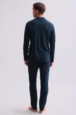 Ensemble pyjama chemise en coton pour homme, bleu marine, style égyptien