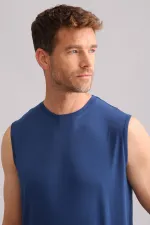 Débardeur/T-shirt de sport bleu marine à col rond, coupe classique, en bambou égyptien ZEUS