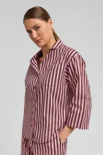 Kadın Pamuklu Poplin Çizgili Gömlek Kahverengi/Pembe