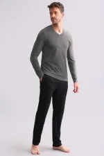Ensemble pyjama homme égyptien en modal et coton mélangés, manches longues, col en V, gris chiné