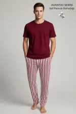 Mısırlı Erkek Pamuk Çizgili Pijama Takım Bordo