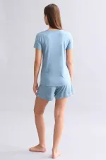 Mısırlı Kadın Saten T-Shirt Şort Takım Petrol Mavi