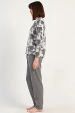 Mısırlı Kadın İnterlok Kalp Desenli Uzun Kollu Pijama Takımı Gri Melanj