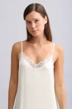 Kadın Dantel Detaylı Saten Gecelik Ekru