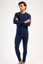 Ensemble de sous-vêtements pour homme, col rond et manches longues, bleu marine