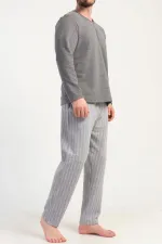 Ensemble de pyjama à manches longues rayé en maille interlock pour homme, gris, de style égyptien
