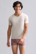 Mısırlı Modal By TENCEL HERCULES Slim Fit V Yaka Fanila / T-Shirt Toprak Bej