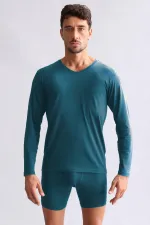 Débardeur/T-shirt à manches longues et col en V, coupe ajustée, en modal égyptien TENCEL HERCULES, vert