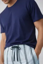 Mısırlı Erkek Pamuklu Bisiklet Yaka Çizgili Pijama Takım Lacivert/Mavi