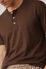 Egyptian Men's Cotton Crew Neck Buttoned Pajama Set Coffee/Beige