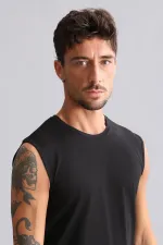 Débardeur/T-shirt de sport noir à col rond, coupe ajustée, en modal égyptien TENCEL HERCULES