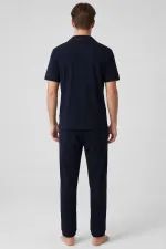 Egyptian Men's Cotton Shirt Pajama Set with Piping Detail, Navy Blue